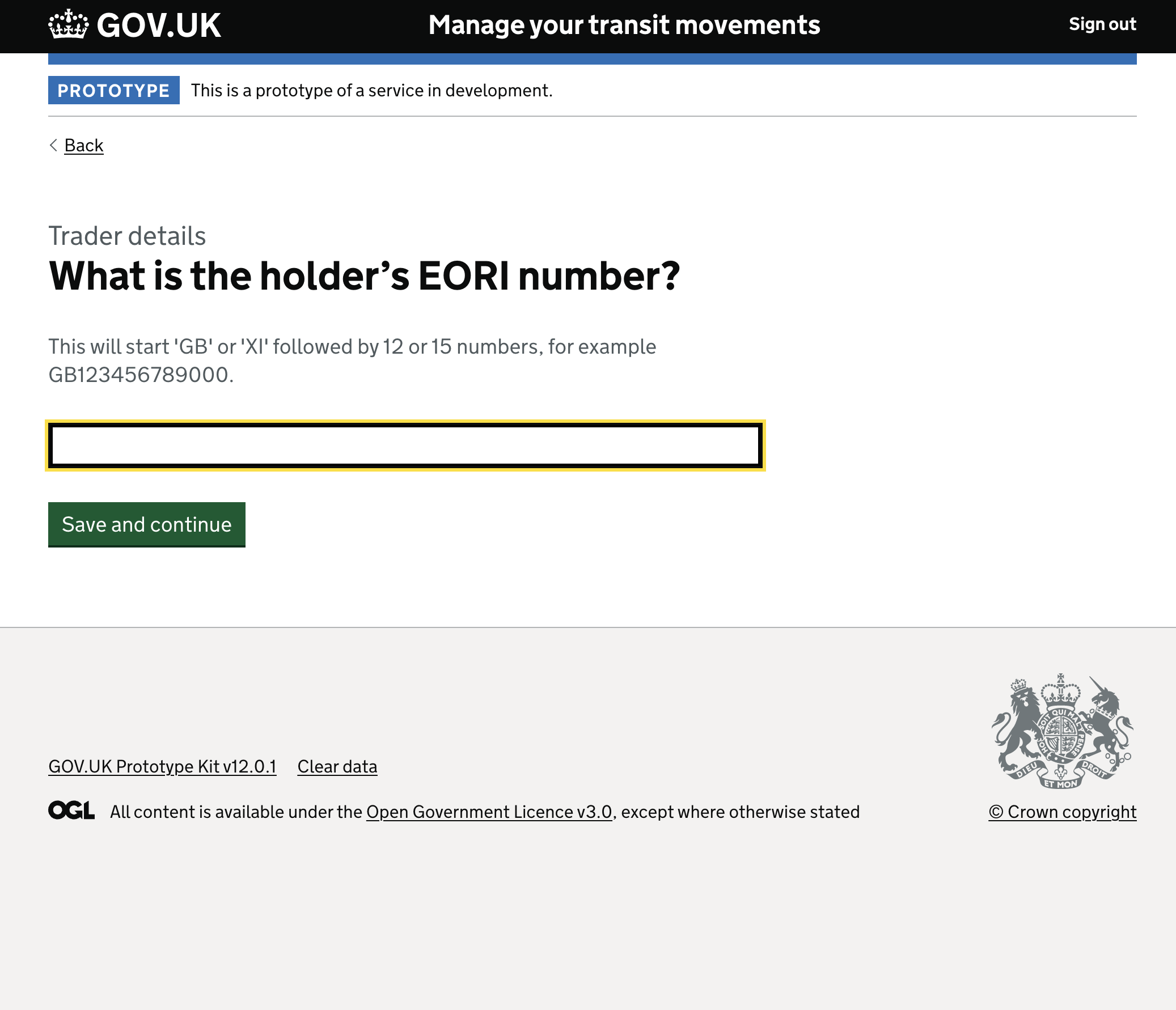 Enter the transit holder's EORI number