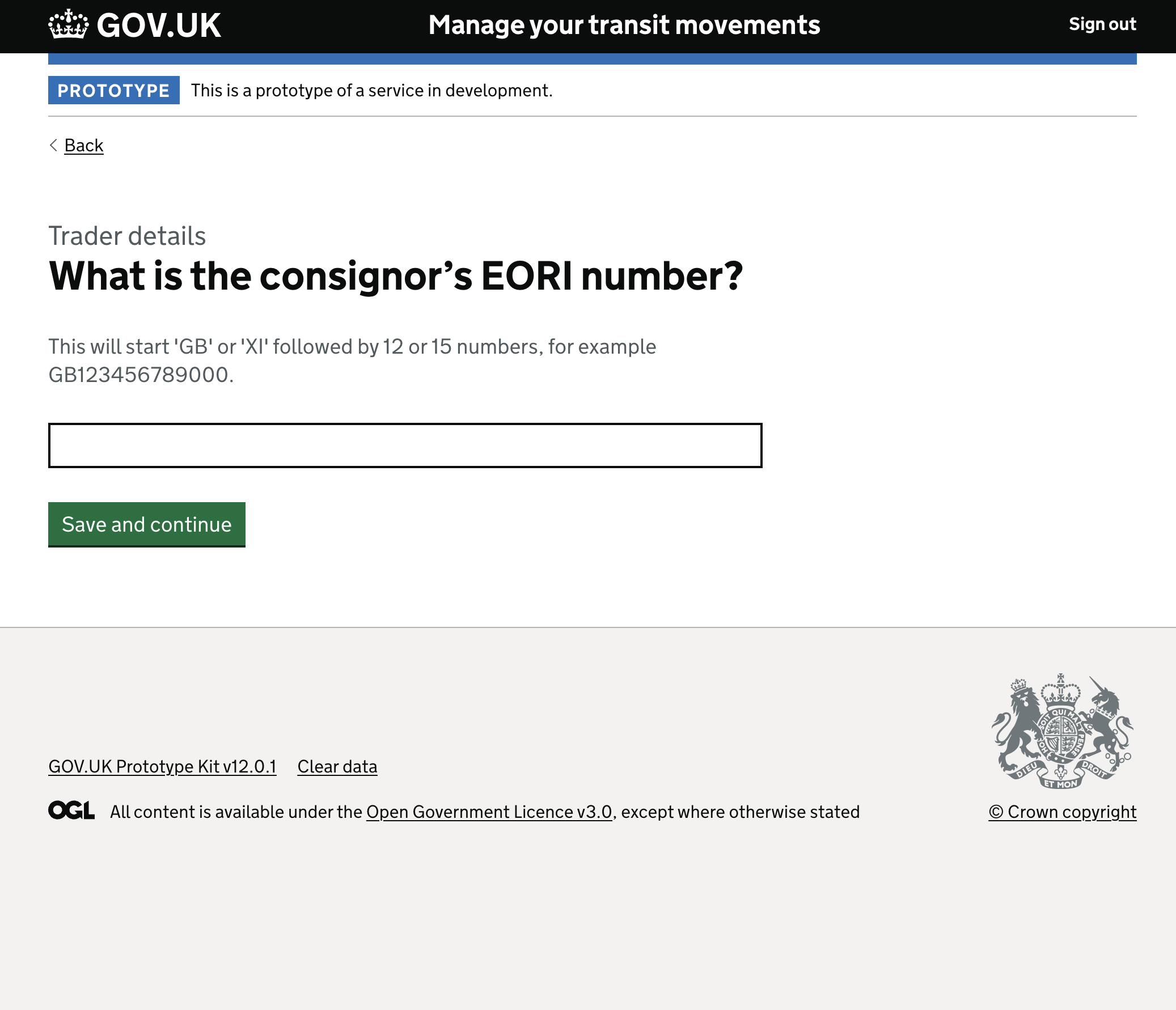 Consignor EORI number input