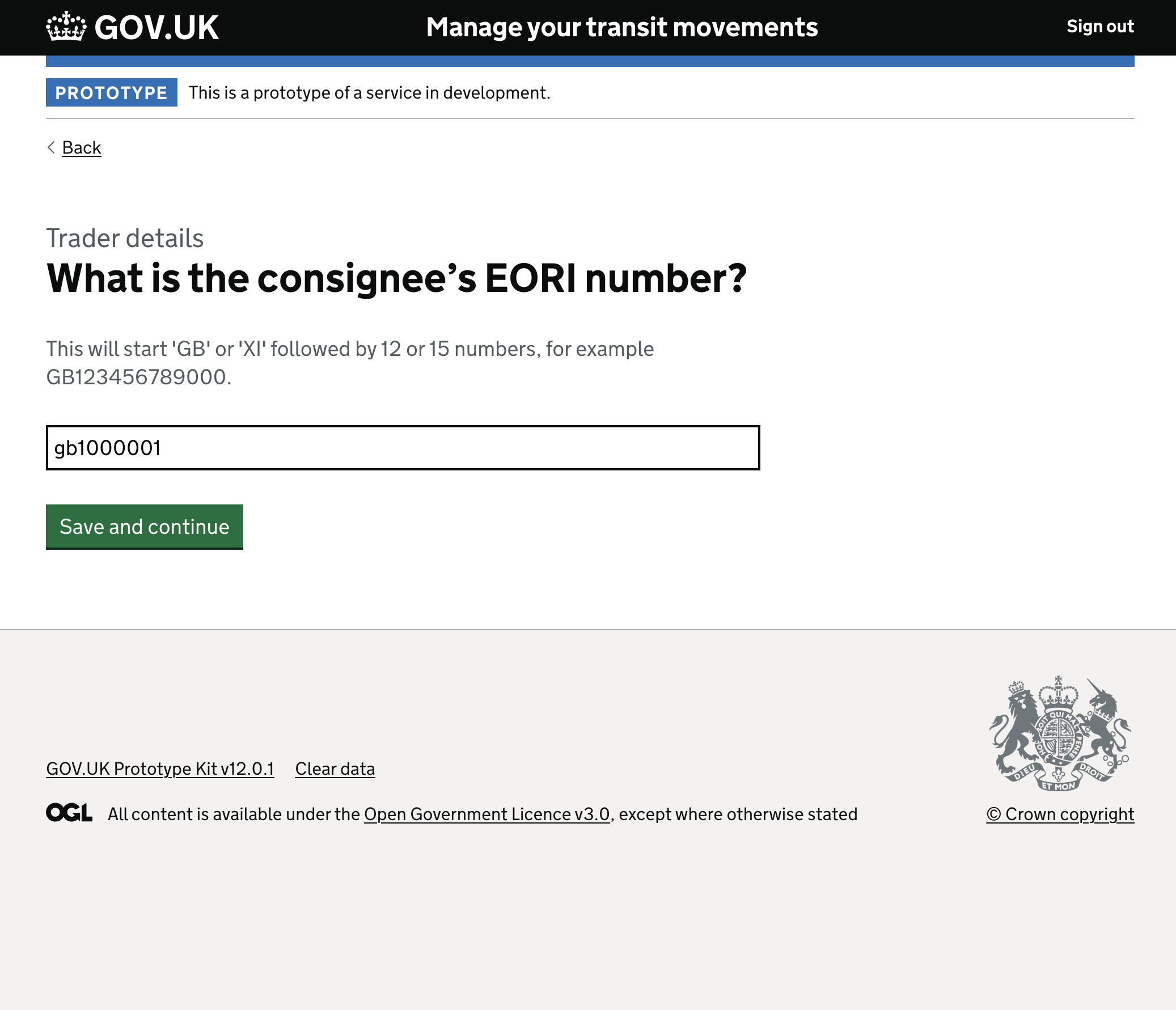 Consignee EORI number input