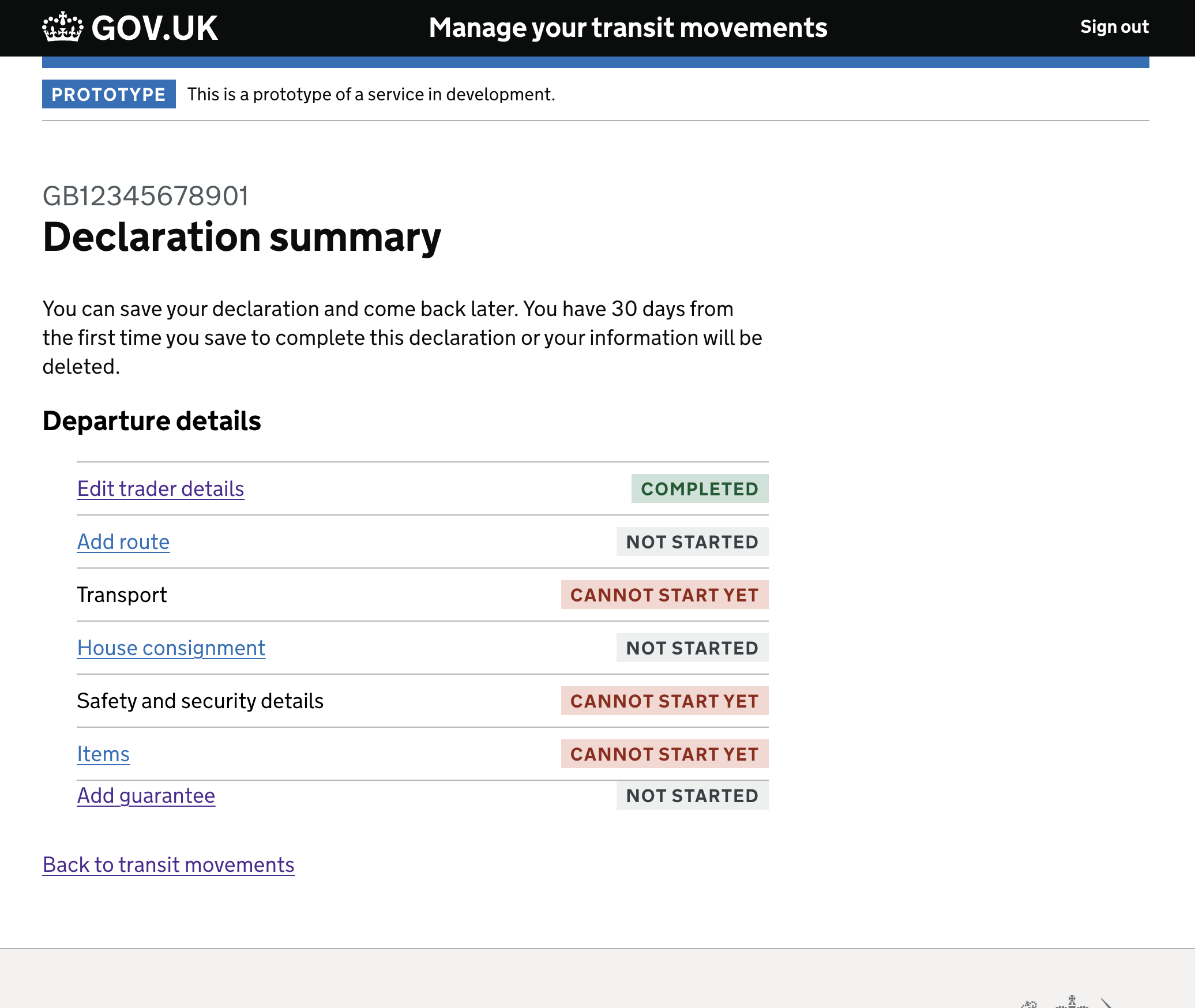 Declaration summary — task list with Trader Details completed