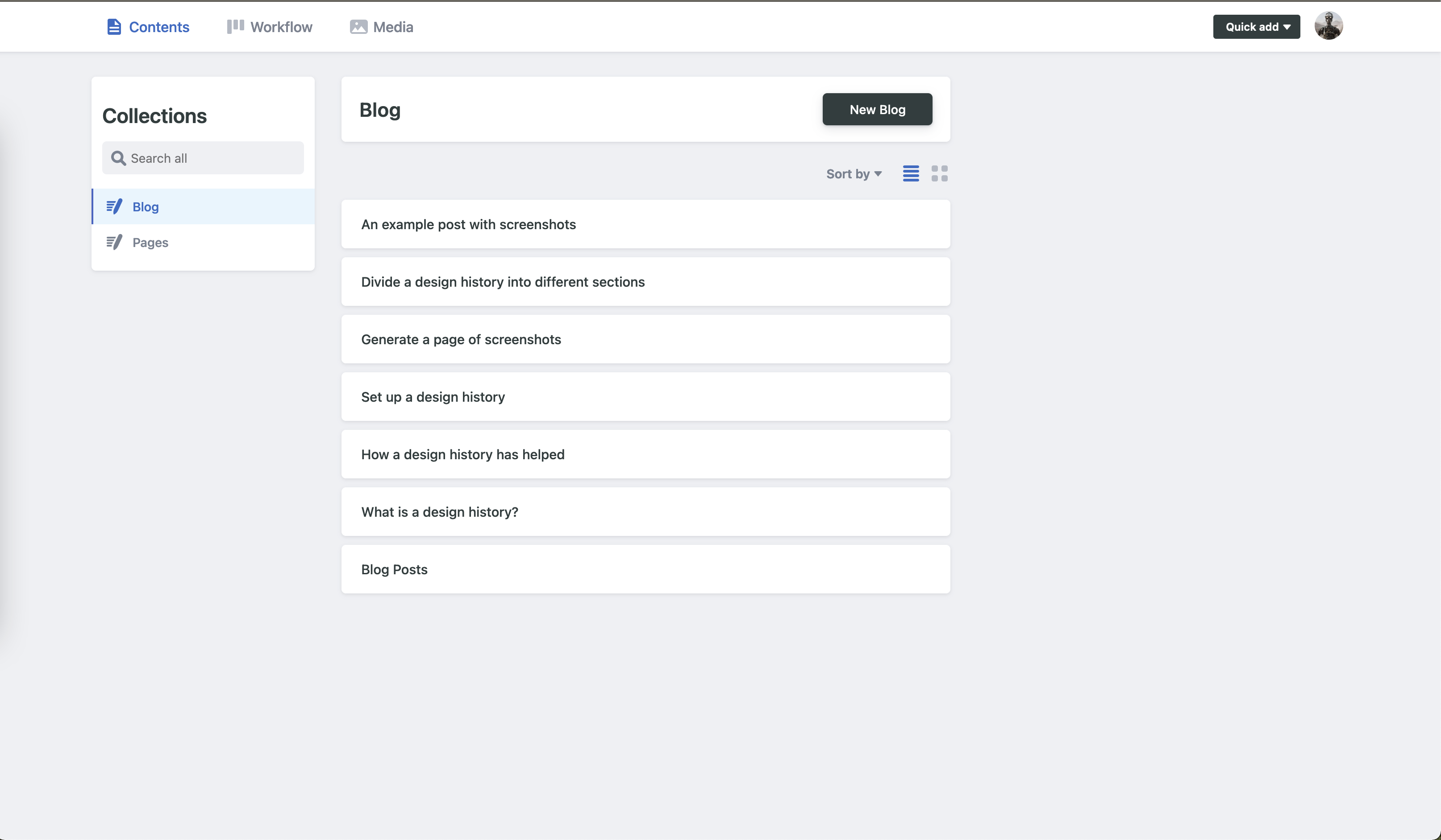 CMS interface for design histories