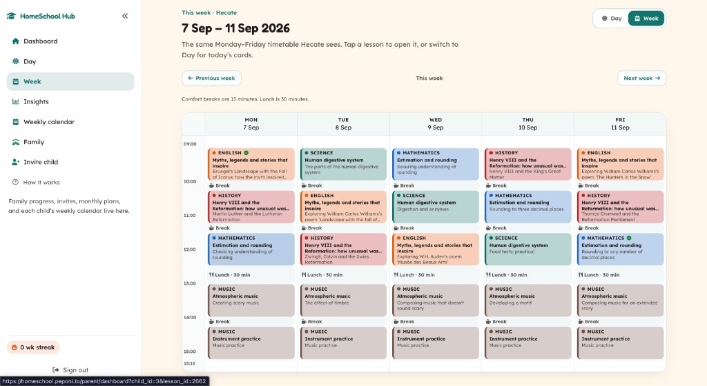 This week, 7 to 11 September 2026: a Monday to Friday timetable with lessons, breaks, and lunch