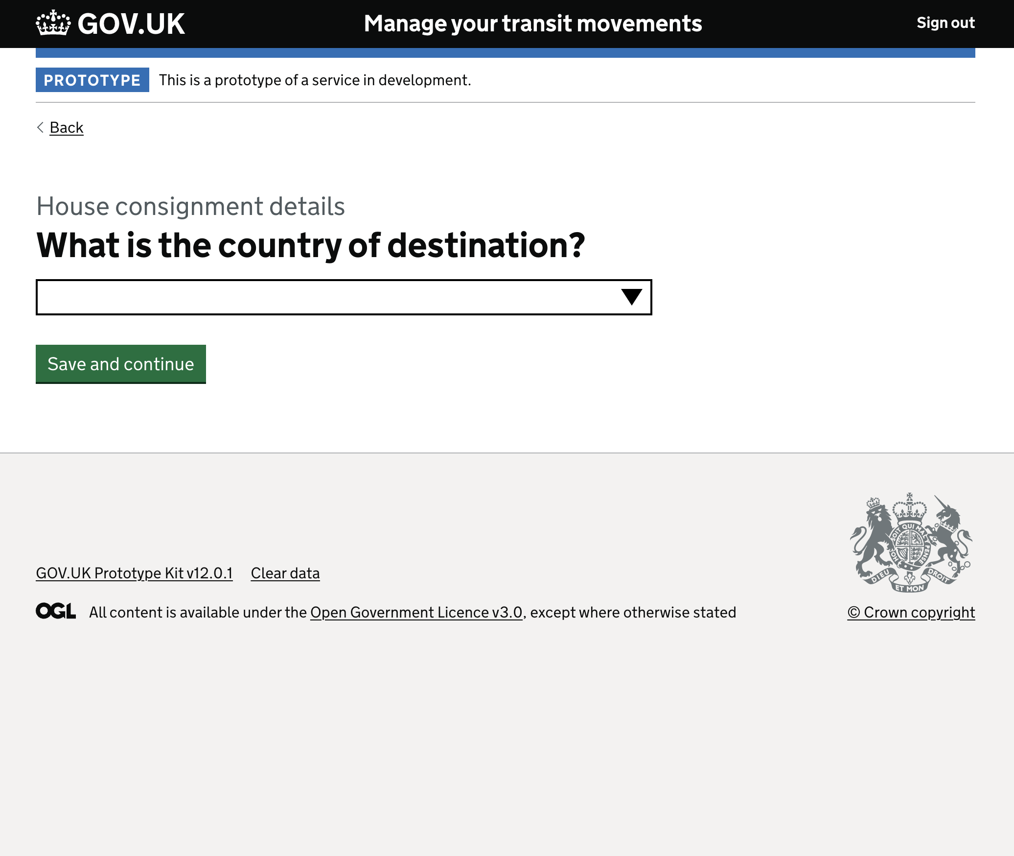 Prototype screenshot, consignment flow