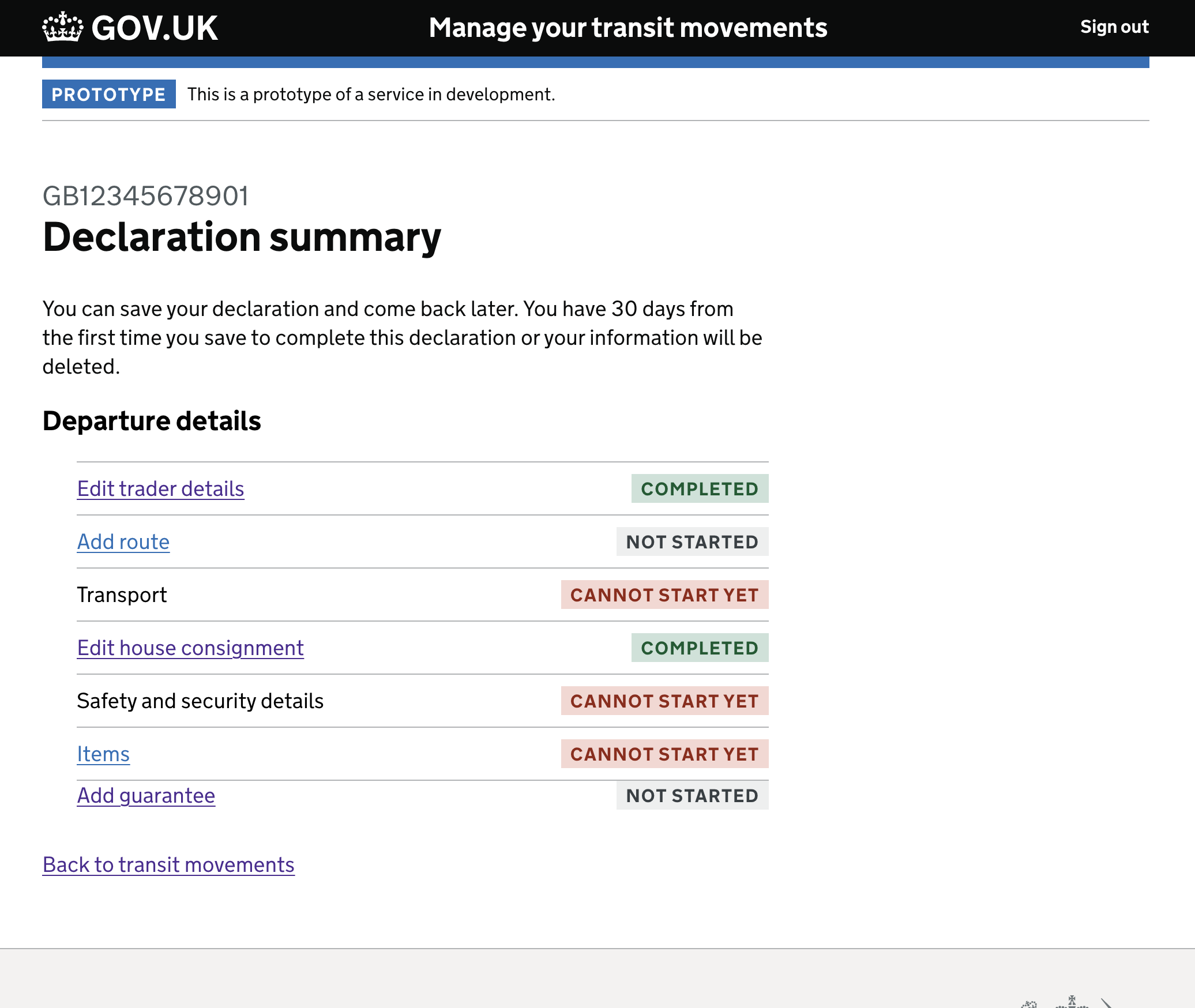 Declaration summary, completed section